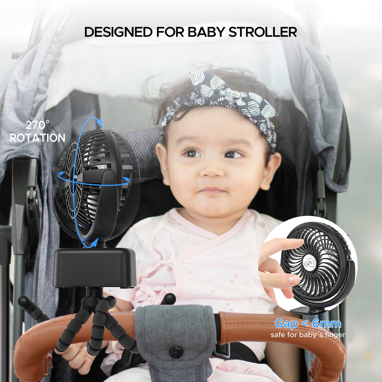 Baby Stroller Oscillating Fan with LED Light, 5000mAh Rechargeable Battery Operated Small Camping Tent Fan 3 Speed with Hidden Hook Detachable Flexible Tripod & Diffuser Holder