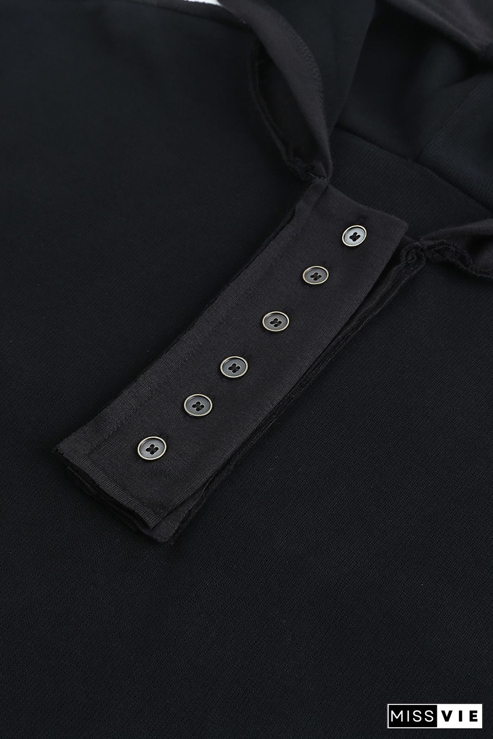 Black Casual Button Solid Patchwork Trim Hoodie