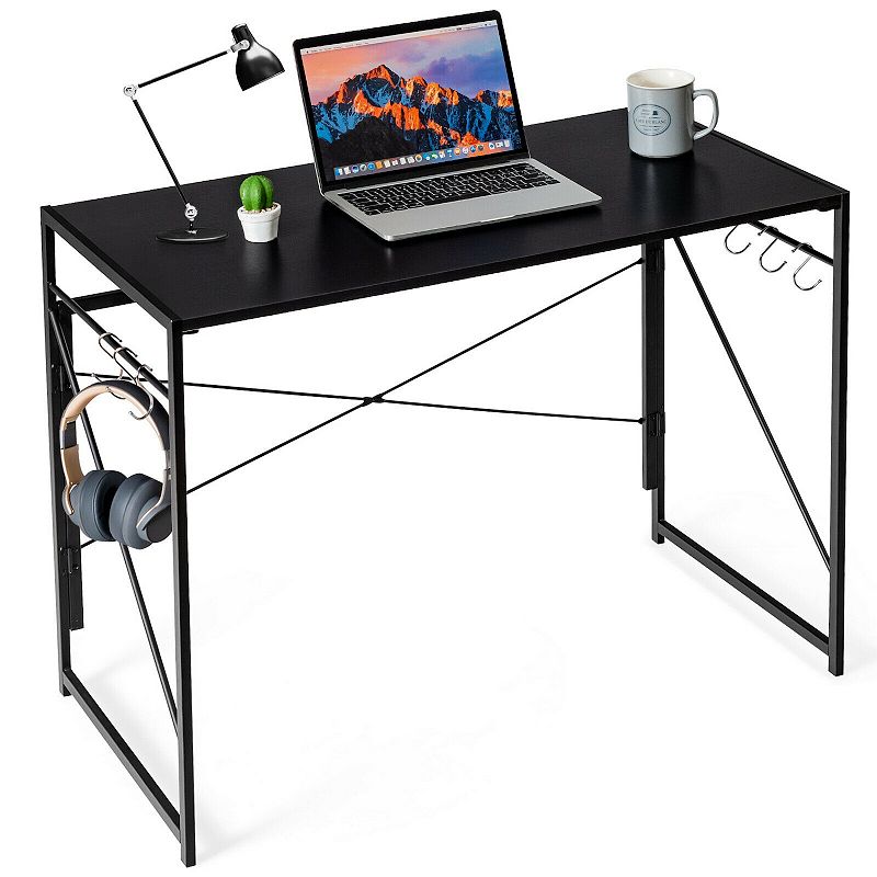 Folding Computer Desk Writing Study Desk Home Office with 6 Hooks