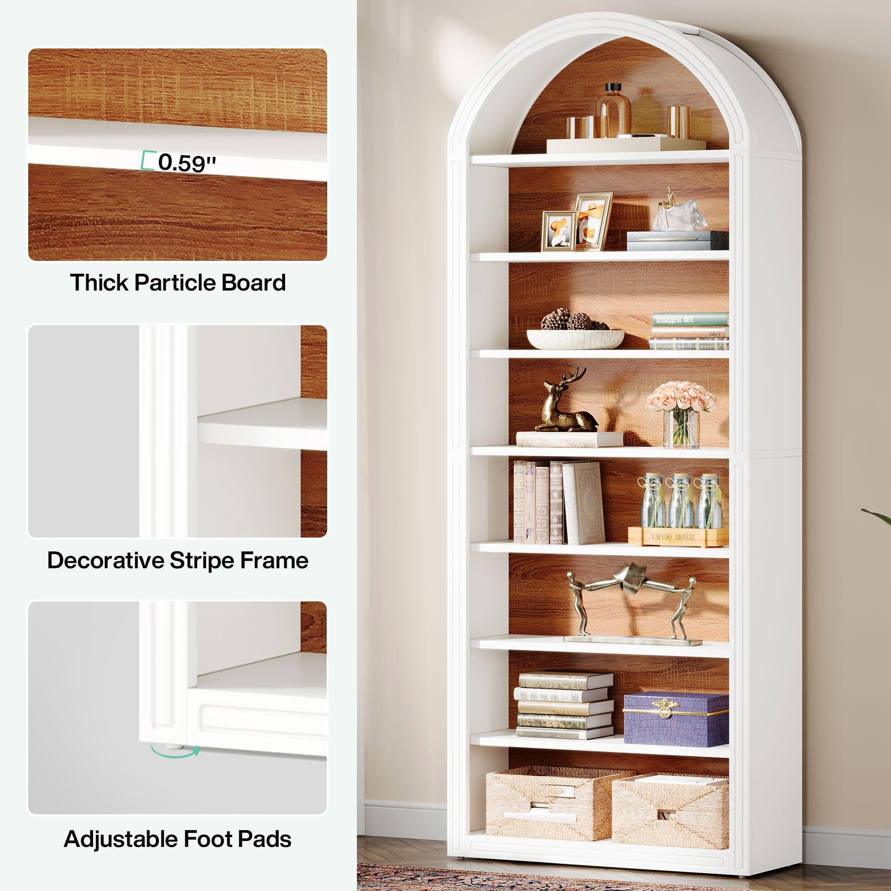 78.7 Bookshelf, Wooden Arched Bookcase Display Shelving Unit