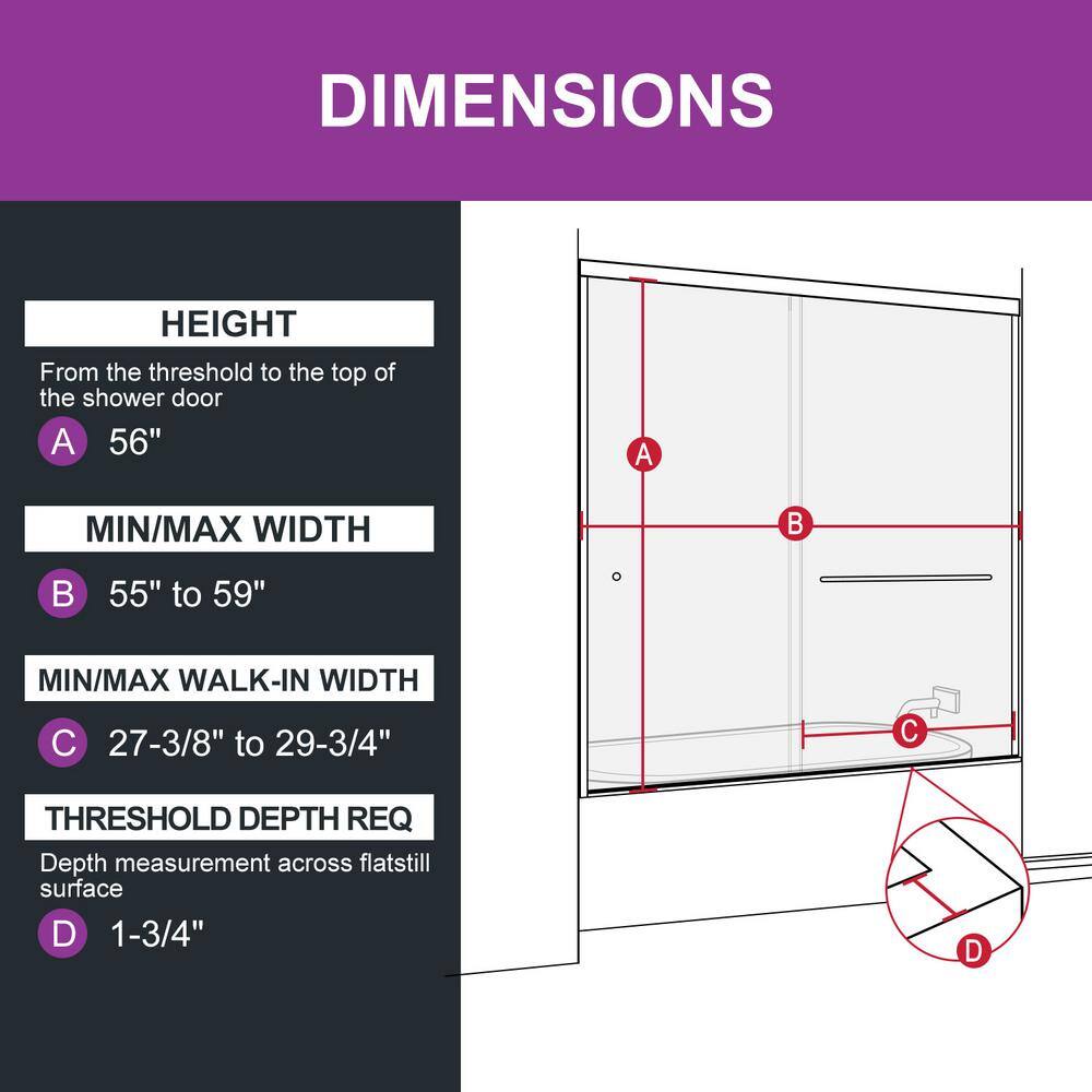 HOROW 55 in. - 59 in. W x 56 in. H Sliding Framed Tub Door in Matte Black with Clear Glass HR-BE5956MB