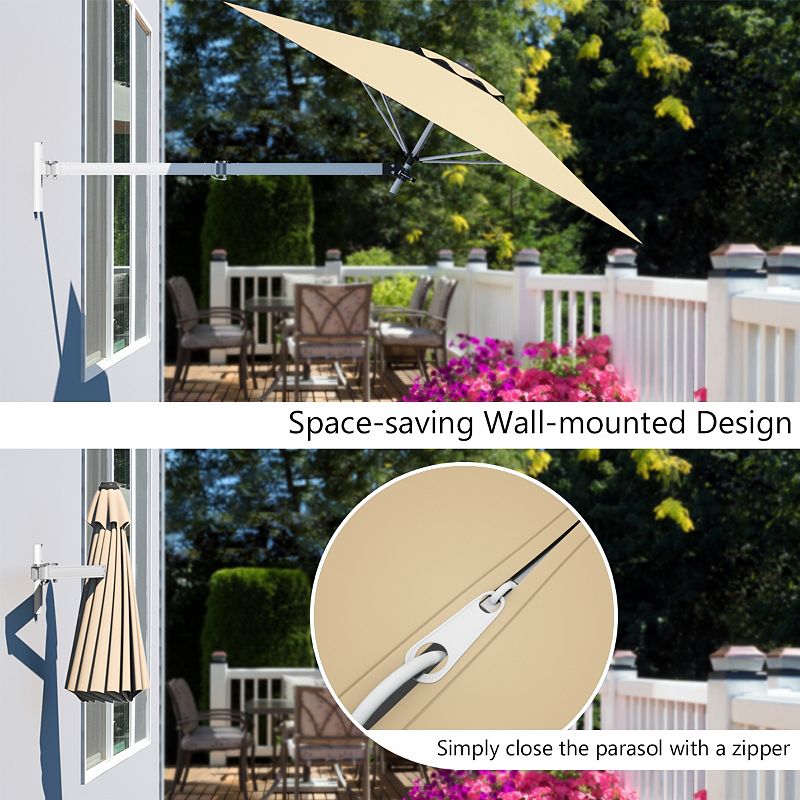 8ft Wall-Mounted Telescopic Folding Tilt Aluminum Sun Shade Umbrella