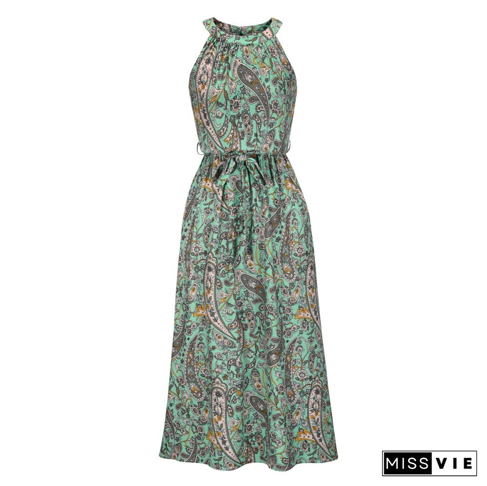 Light Green Halter Floral Draw Cord Waist Dress