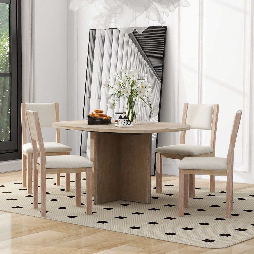 Retro 5 Piece Functional Dining Set with Oval Extendable Dining Table and Upholstered Dining Chairs for Dining Room