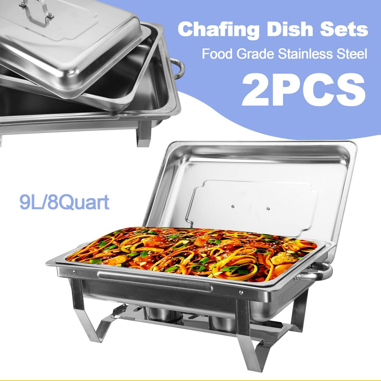 2Pack Chafer Chafing Dish Sets 9L/9.5Q Stainless Steel w/ Foldable Legs Trays