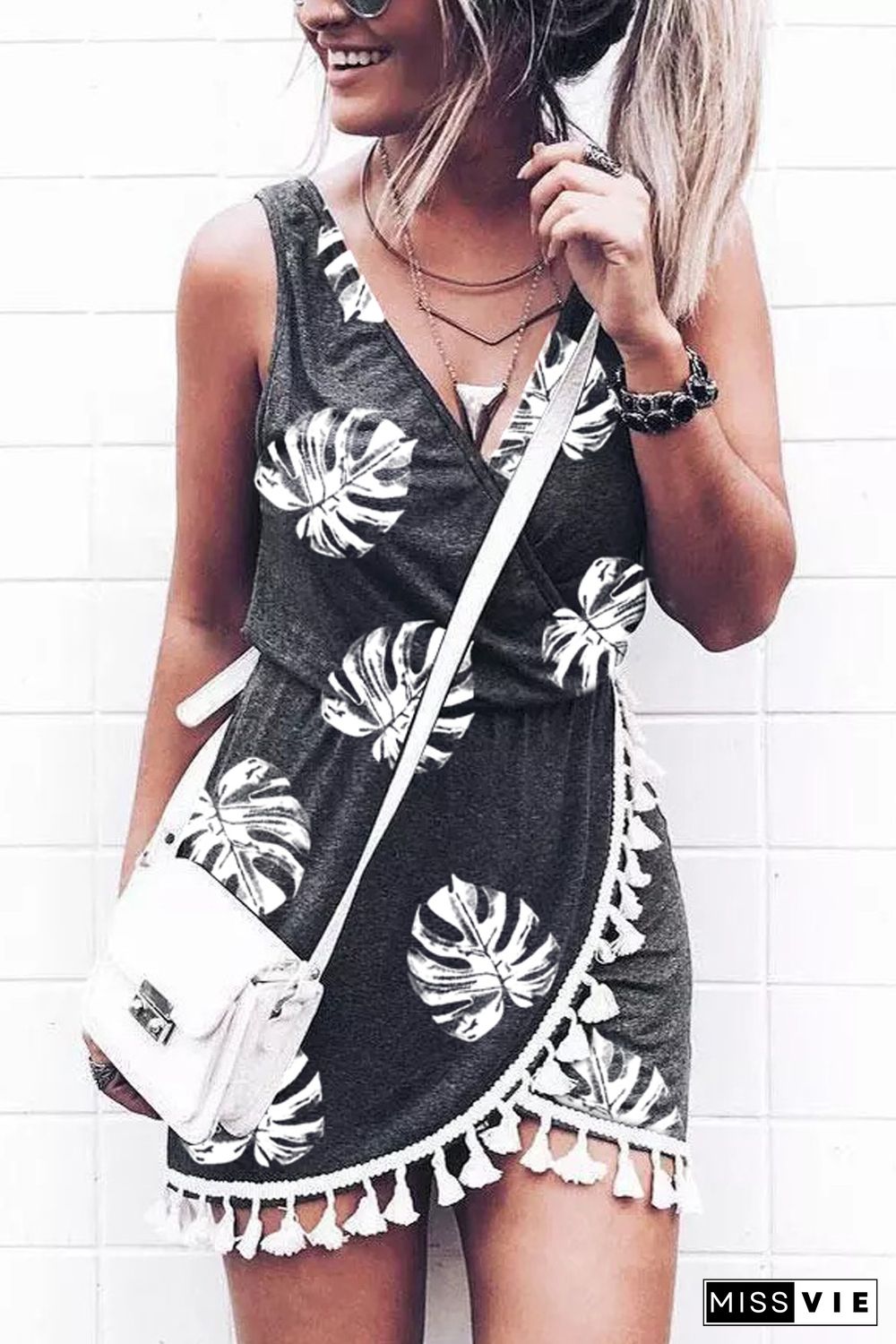 Black Palm Leaves Print Tassel Wrap V-Neck Mini Dress