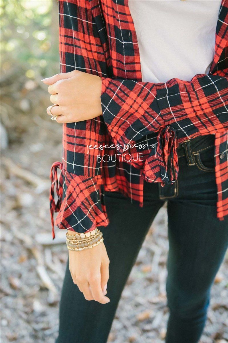 Plaid Button Down Tie Sleeve Top