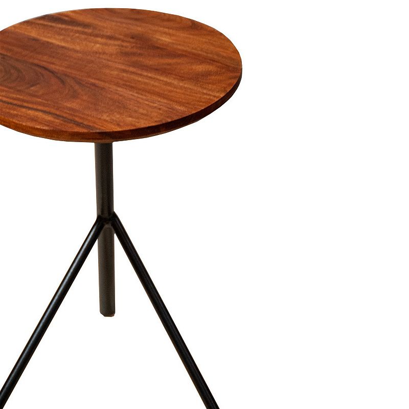 19 Inch Handcrafted Round Acacia Wood End Side Table， Sleek Tripod Metal Base， Walnut Brown， Black