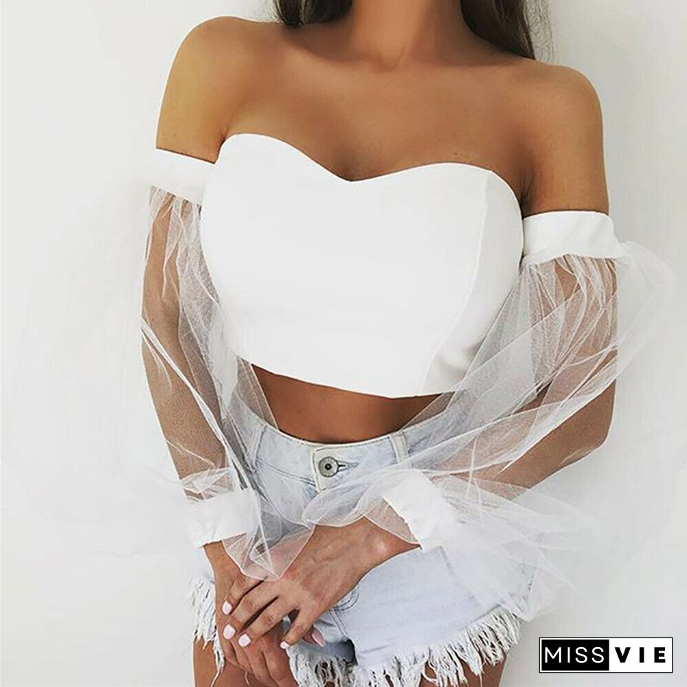 Women Crop Tops Causal Sheer Mesh Sheer Off Shoulder Crop Top T-shirt Puff Sleeve Shirts Lace Solid Color Tanks Tops T Shirt