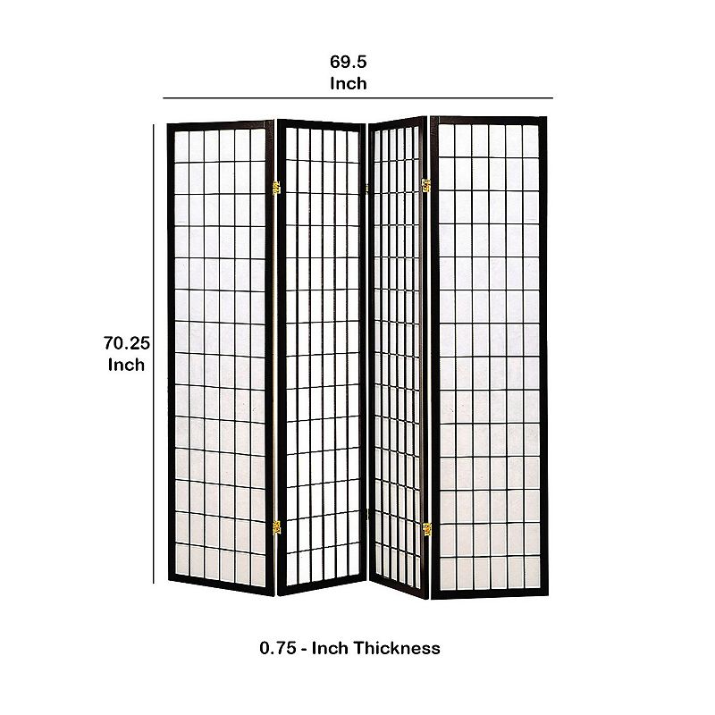 4 Panel Foldable Wooden Frame Room Divider with Grid Design， Black