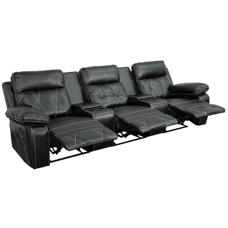 Emma and Oliver Black LeatherSoft 3-Seat Reclining Theater Unit-Straight Cup Holders