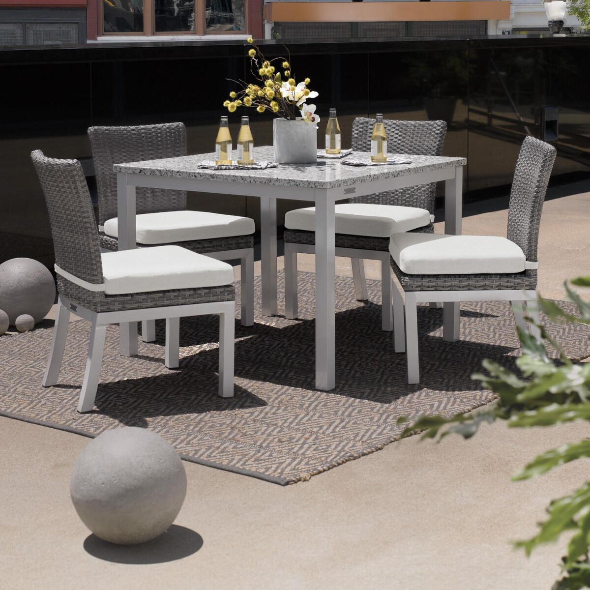 Argento 5 Piece Wicker Patio Dining Set W/ 39 Inch Square Lite-Core Ash Table， Side Chairs and Eggshell White Cushions By Oxford Garden