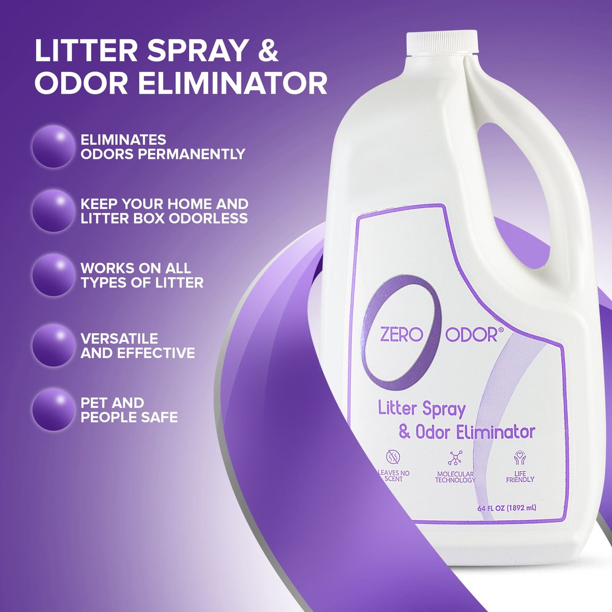 Zero Odor Litter Spray and Pet Odor Eliminator， 64-oz bottle