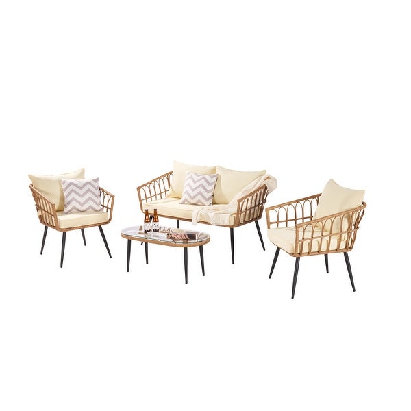 4 PCS Rattan Furniture Set， Outdoor Conversation Set w/CushionsandCoffee Table， Sectional Sofa Chairs Set for Patio，Beige - Overstock - 37928850