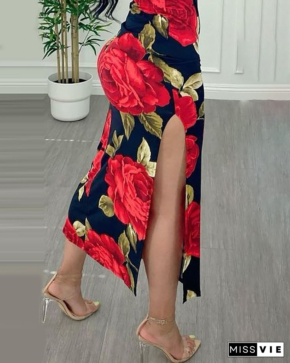 One Shoulder Floral Print High Slit Skinny Dress