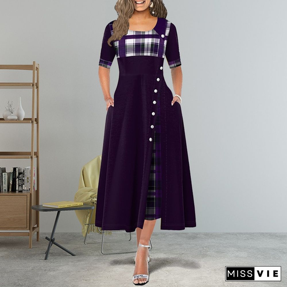 New Women Short Sleeve Plaid Print Elegant Dress Comfy Round Neck High Waist Long Skirt Retro Button Design Maxi Dress Daily Casual Dress Plus Size