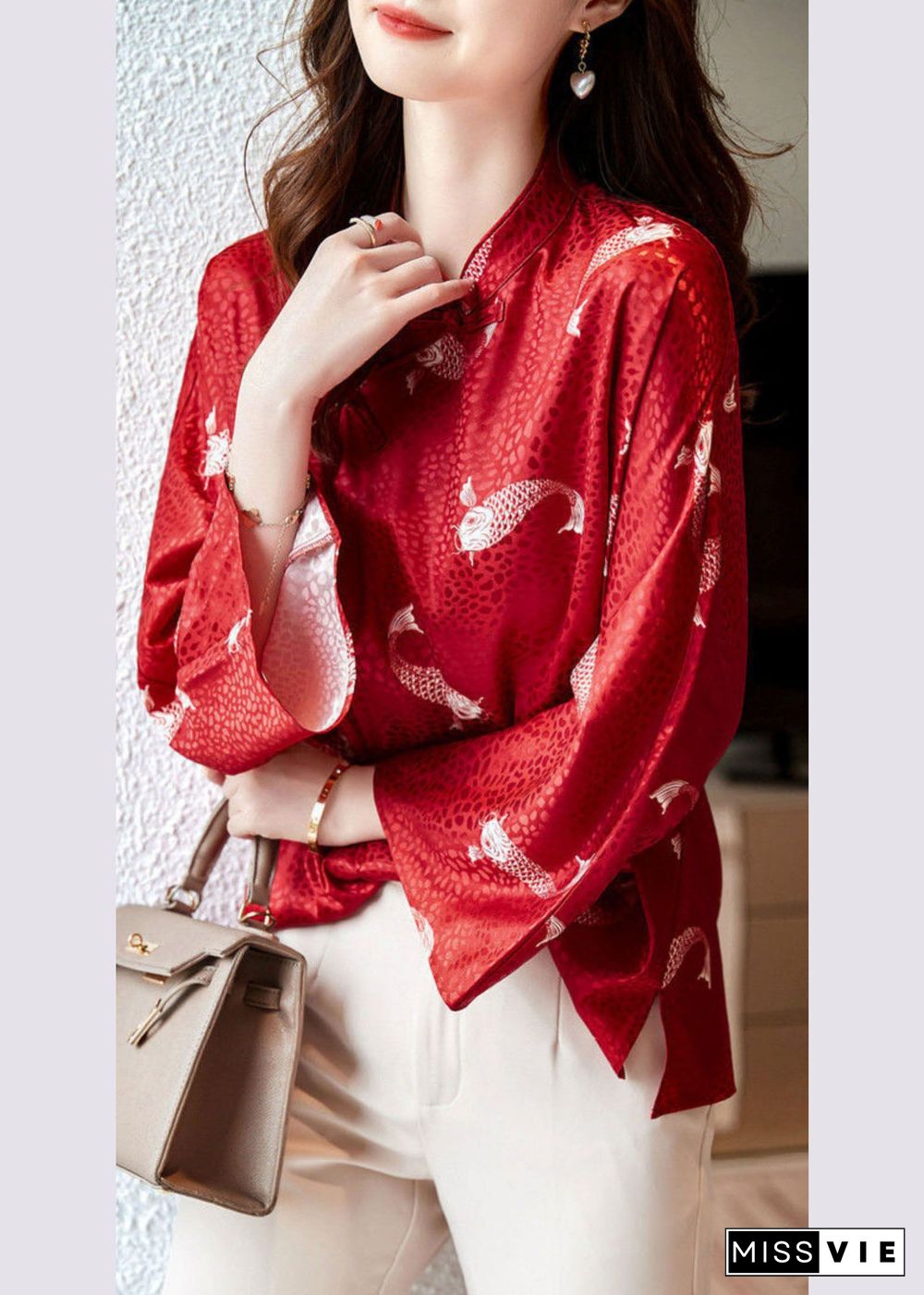 Beautiful Red Stand Collar print Silk Blouse Tops flare sleeve