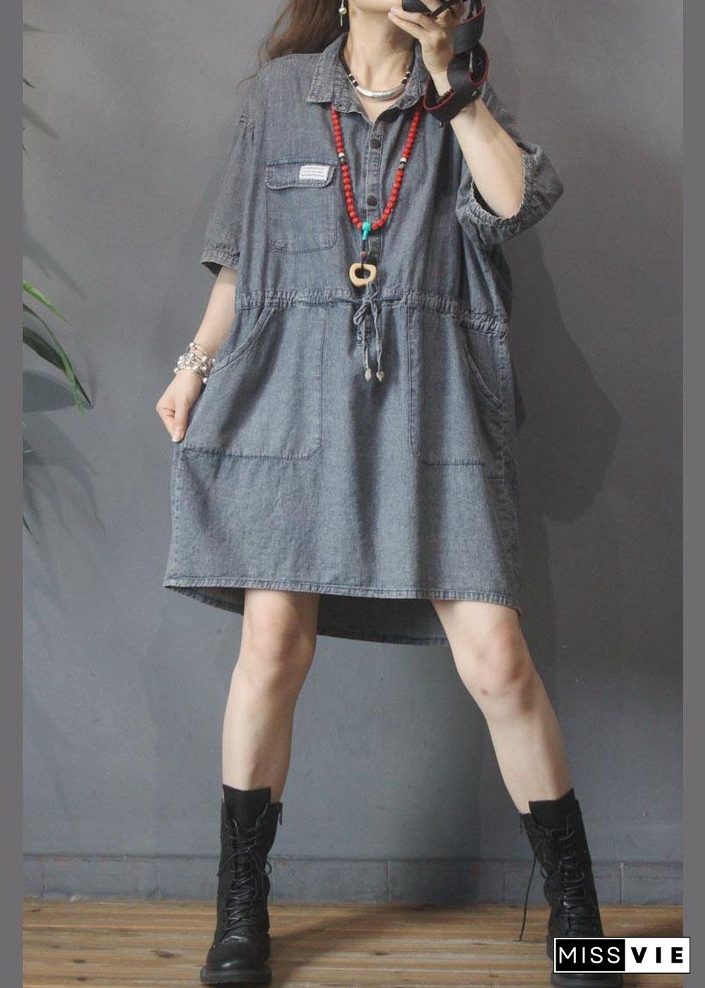 Elegant Denim tie waist Turn-down Collar Maxi Summer Cotton Dress