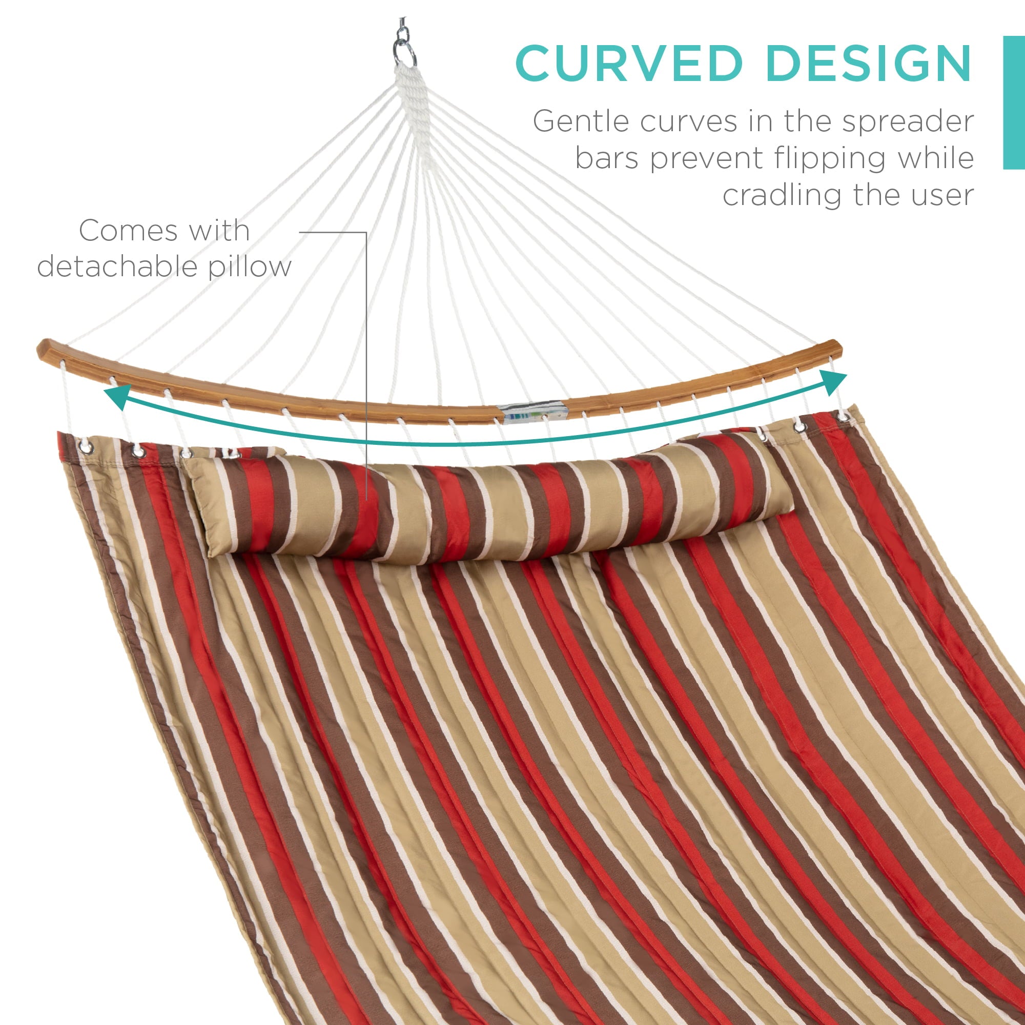 Best Choice Products 2-Person Portable Quilted Hammock w/ Curved Bamboo Spreader Bar, Pillow, Carry Bag - Burgundy/Tan