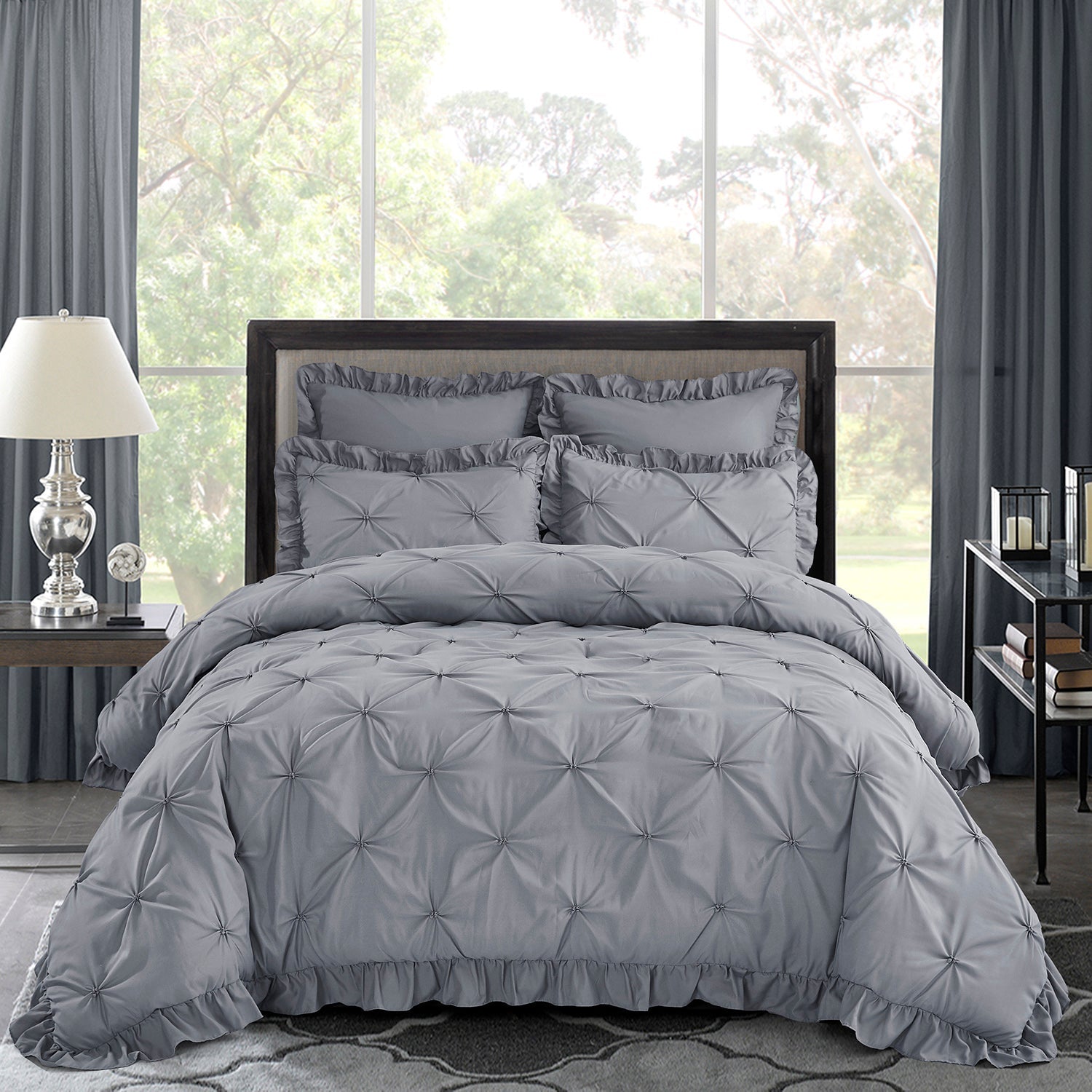 5 Piece Pinch Pleat Scallop Fringe Bedding Embroidered Comforter Set