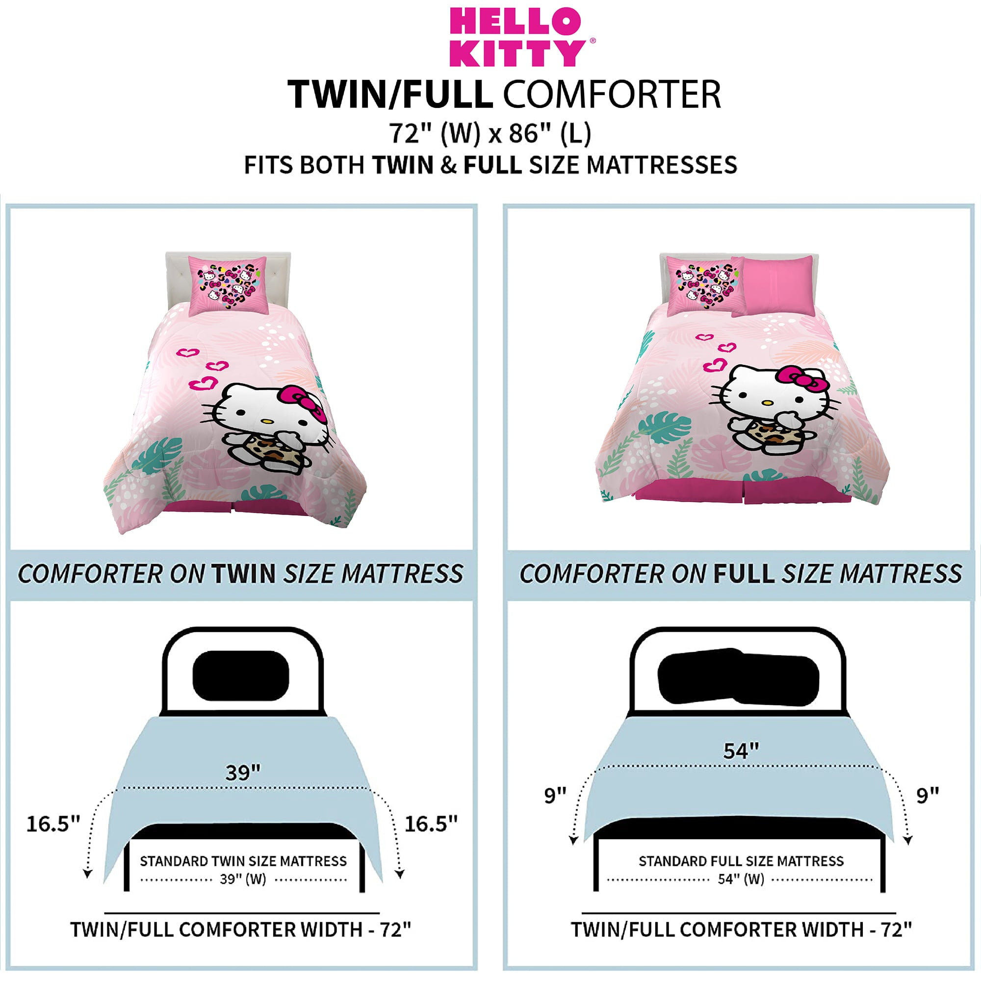 Hello Kitty Kids Comforter and Sham， 2-Piece Set， Twin/Full， Reversible， Pink， Sanrio