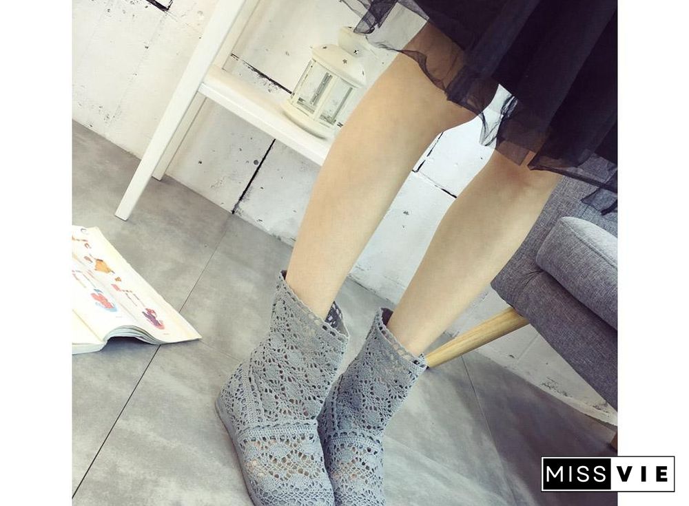 Women Cut-Outs Fashion Shoes Knitted short lace Boot ankle botas Boots