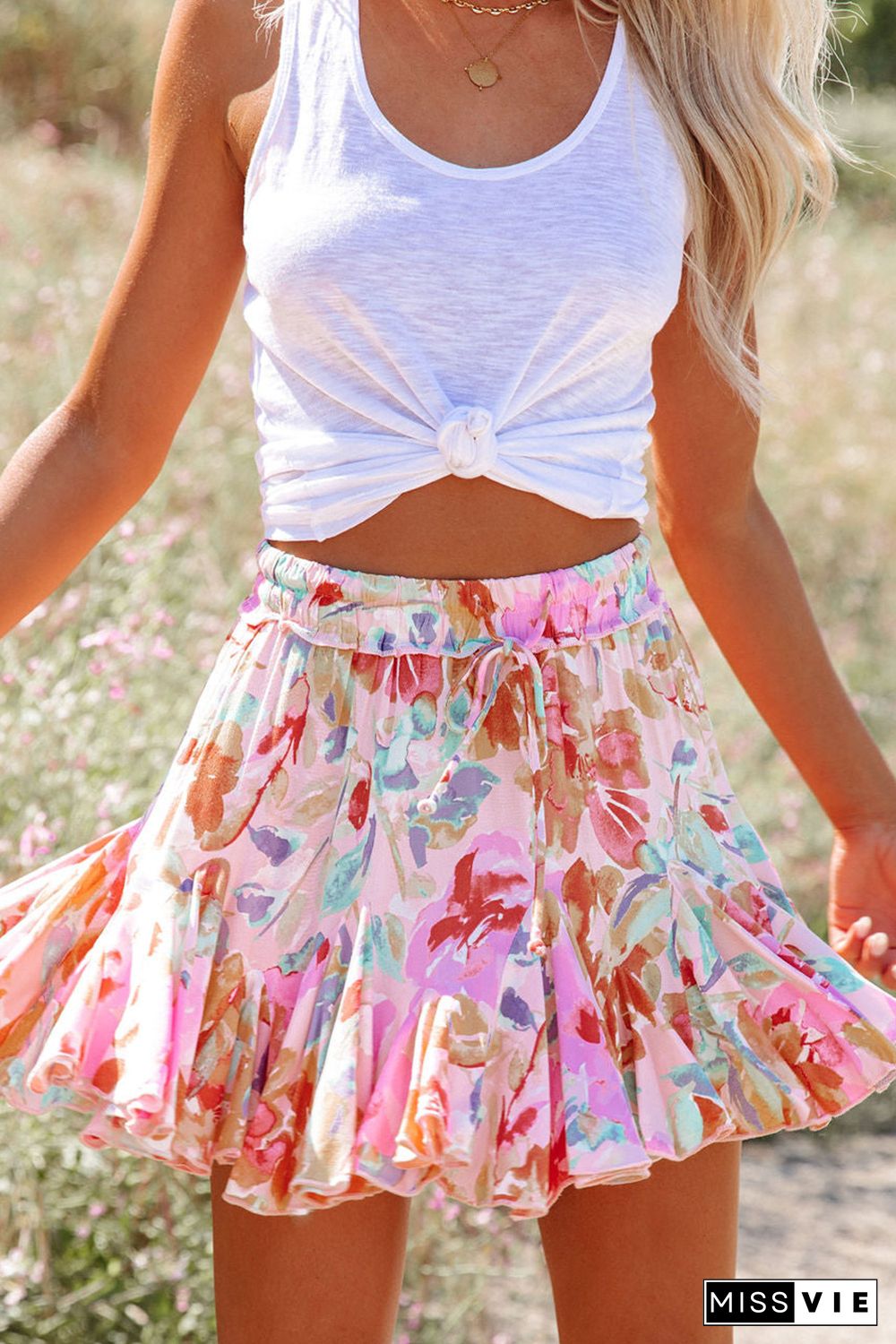 Multicolor Abstract Floral Print Ruffled Mini Skirt