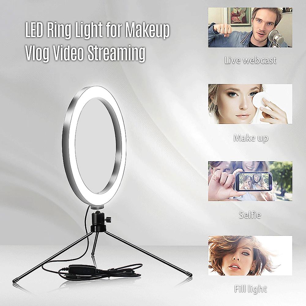 6inch Table Led Ring Light 3200-5600k 3 Colors 10 Levels Brightness Adjustable With Tripod Stand For Live Stream Makeup Portrait Youtube Video Lightin