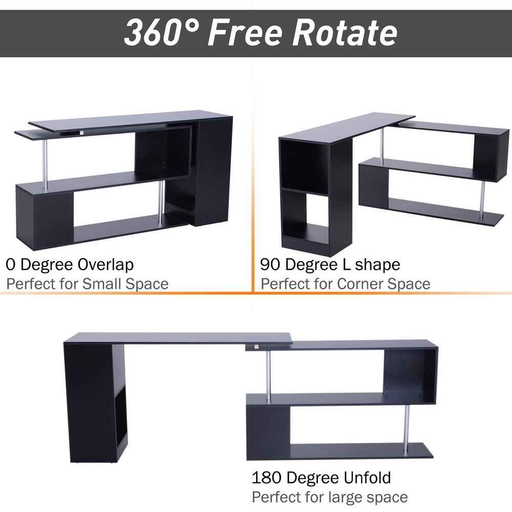 HomCom 55 in. 360 degree Rotating Corner Computer Desk w/ 3 tier Storage Shelves/Bookshelf