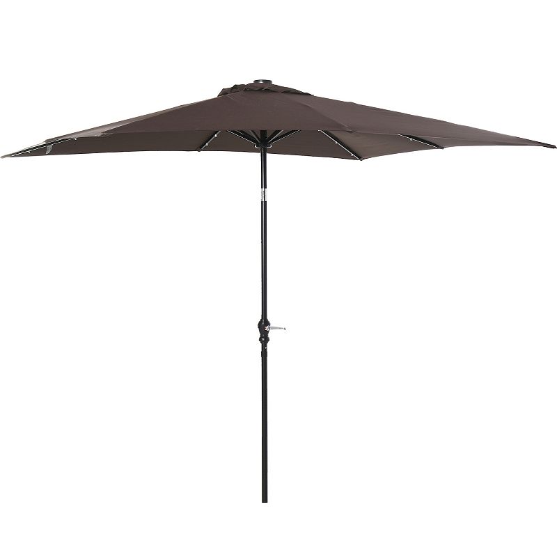 Outsunny 9' x 7' Patio Umbrella Outdoor Table Market Umbrella with Crank Solar LED Lights 45 degree Tilt Push Button Operation for Deck Backyard Pool and Lawn White