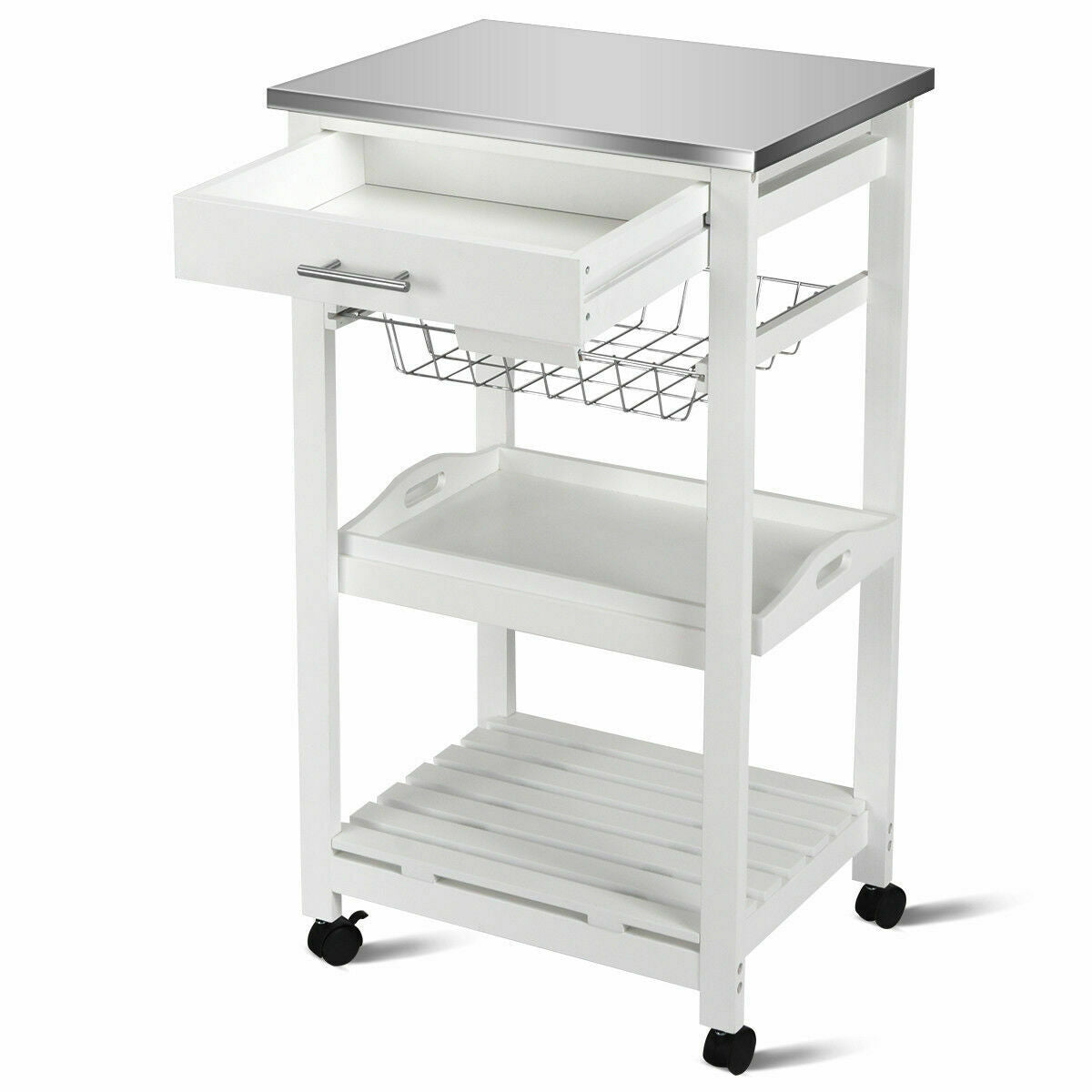 Costway Rolling Kitchen Trolley Cart Steel White Top Removable Tray W/Storage Basket andDrawers