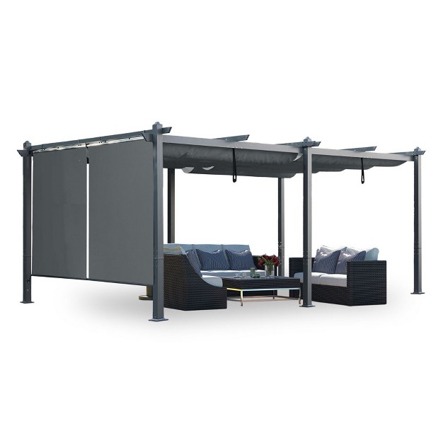 Aoodor Outdoor Pergola With Retractable Shade Canopy Dark Gray Matte Aluminum Frame 2 Pieces Roller Shade Curtain