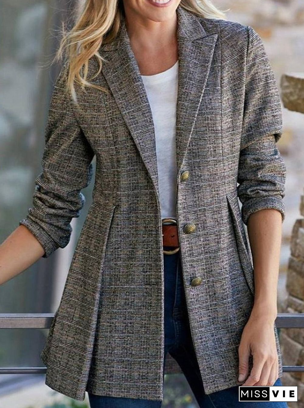 Spring And Autumn Lapel Plaid Blazer