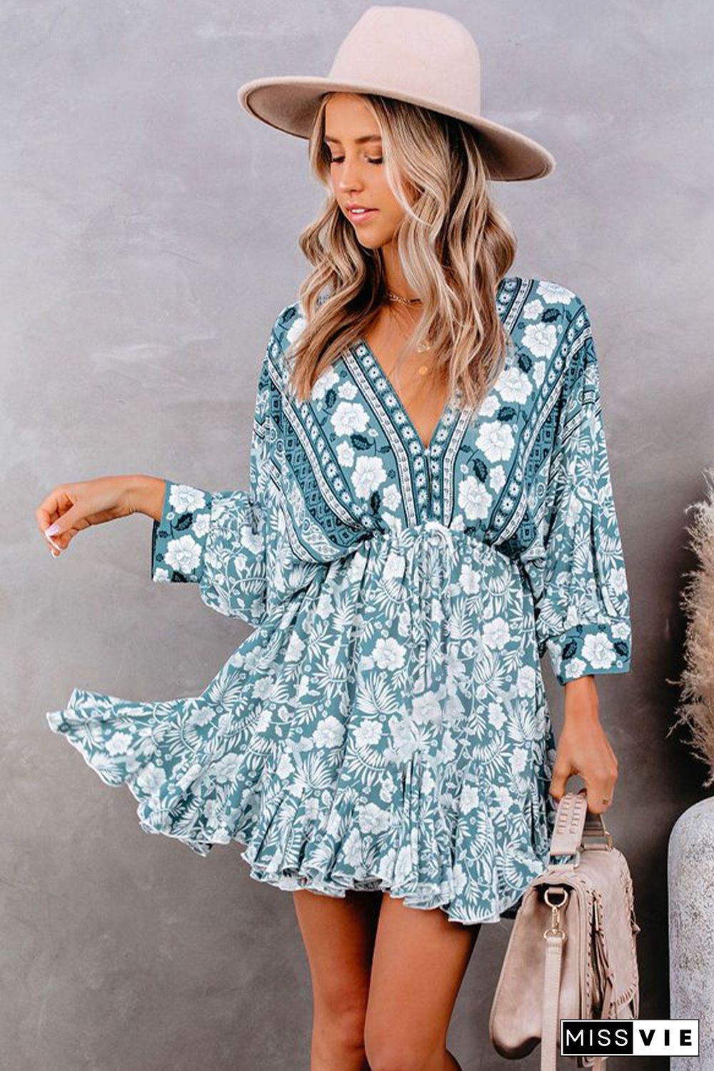 Green V Neck 3/4 Sleeve Bohemian Vintage Print Mini Dress