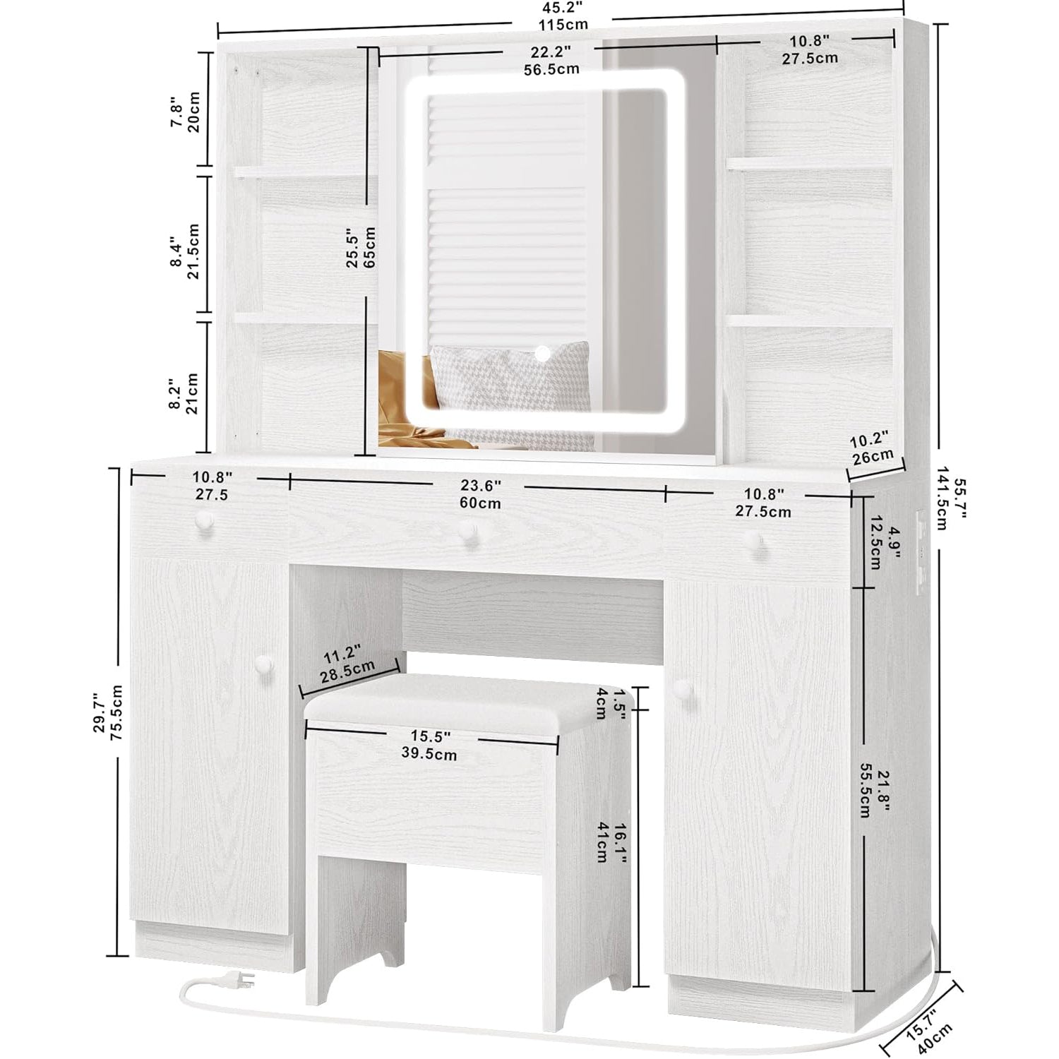 Vanity Desk Set LED Lighted Mirror Vanity with Power Outlet, Storage Bench