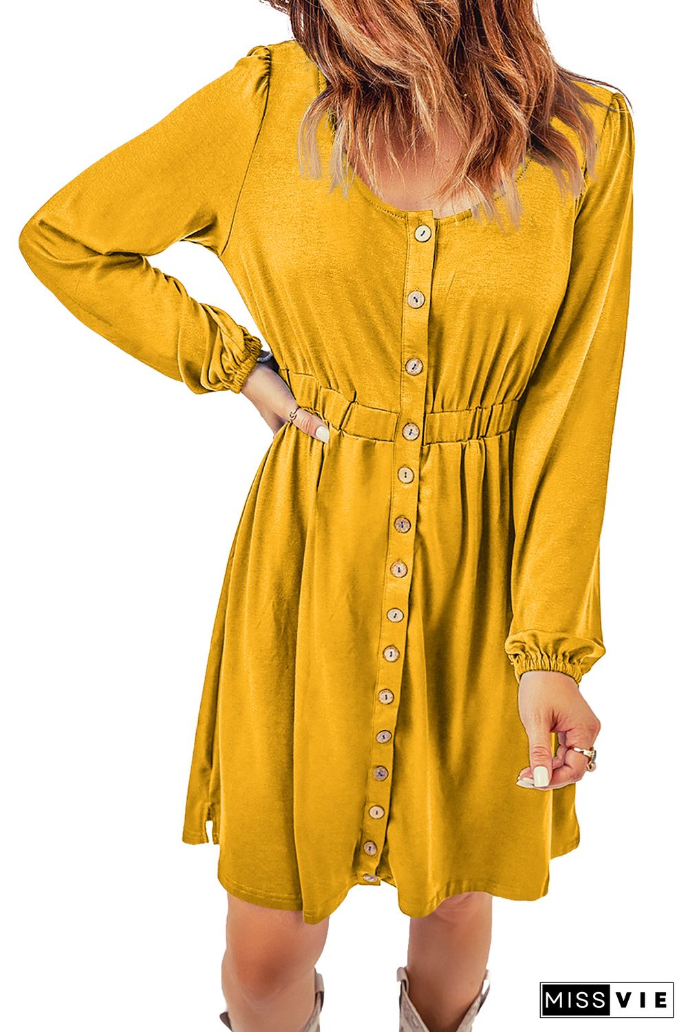 Yellow Button Up High Waist Long Sleeve Dress