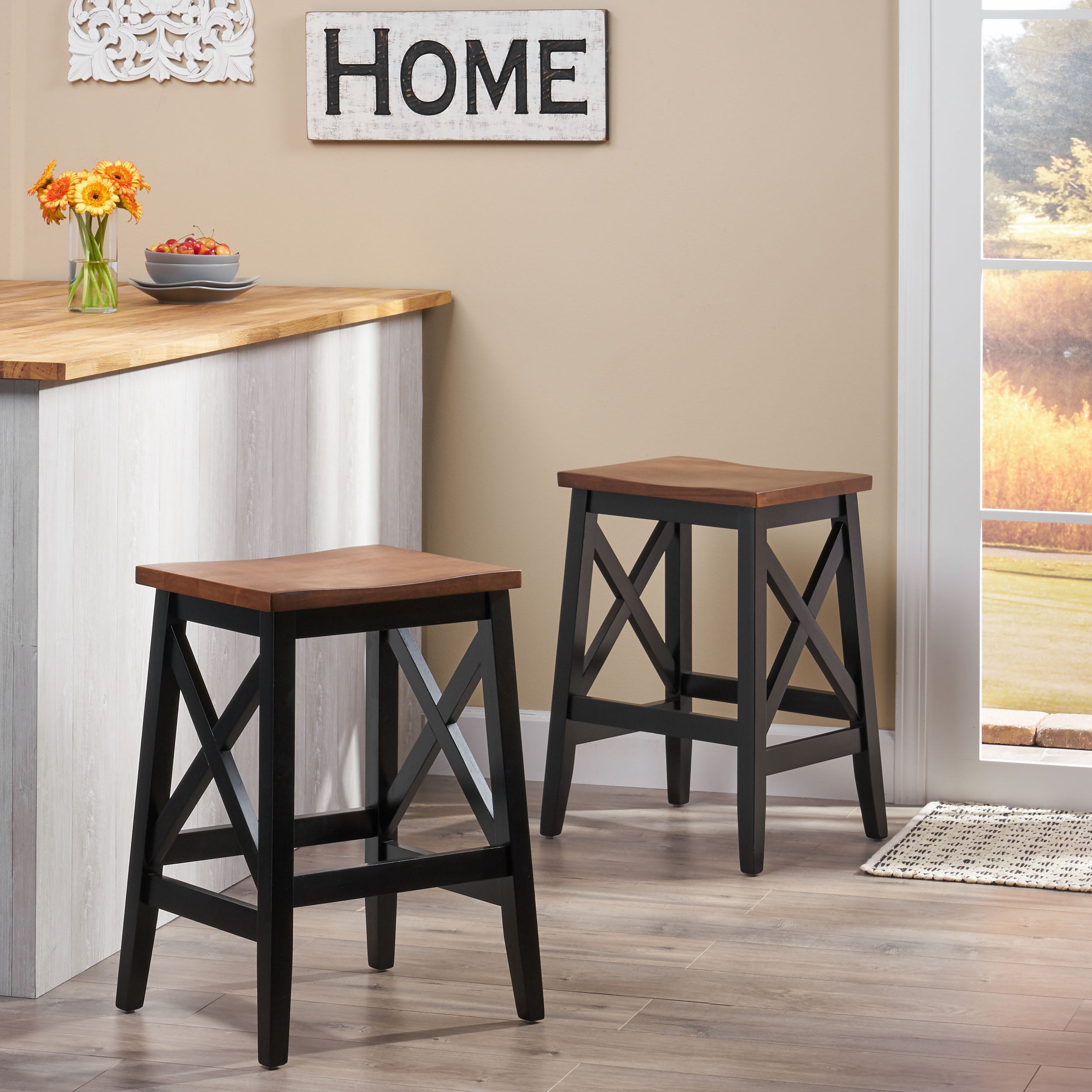 Candice Contemporary Farmhouse Wooden Barstools (Set of 2)