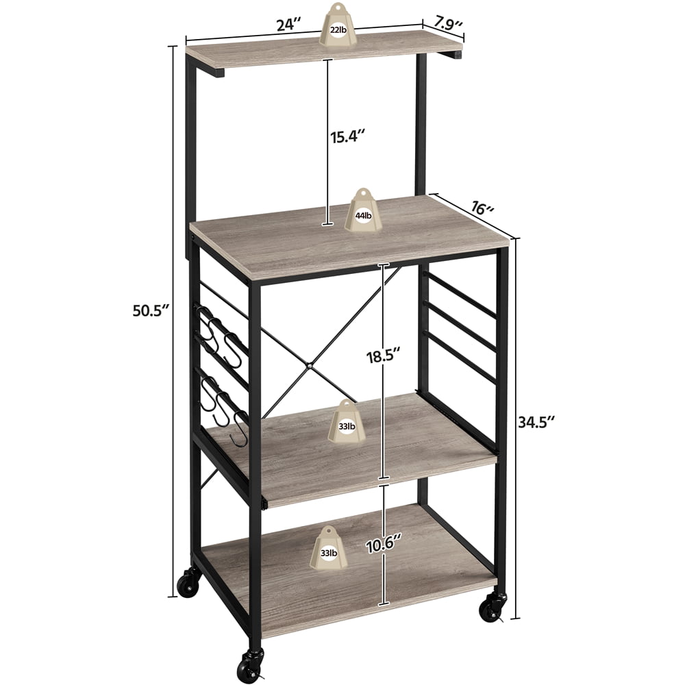 Topeakmart 4-Tier Kitchen Baker's Rack Utility Storage Shelf Microwave Stand Cart on Wheels with Side Hooks， Gray