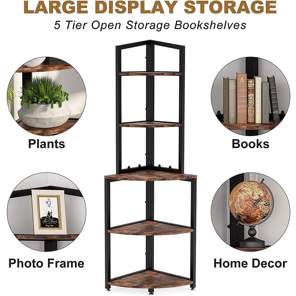 60 Inch Tall Corner Shelf  5 Tier Small Bookcase  Industrial Plant Stand for Living Room  Bedroom  Home Office