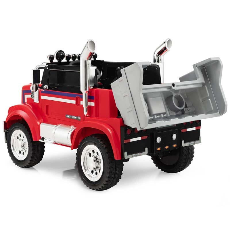 12V Licensed Freightliner Kids Ride On Truck, Battery Powered Trailer RC Riding Toy Car with Dump Box & Lights