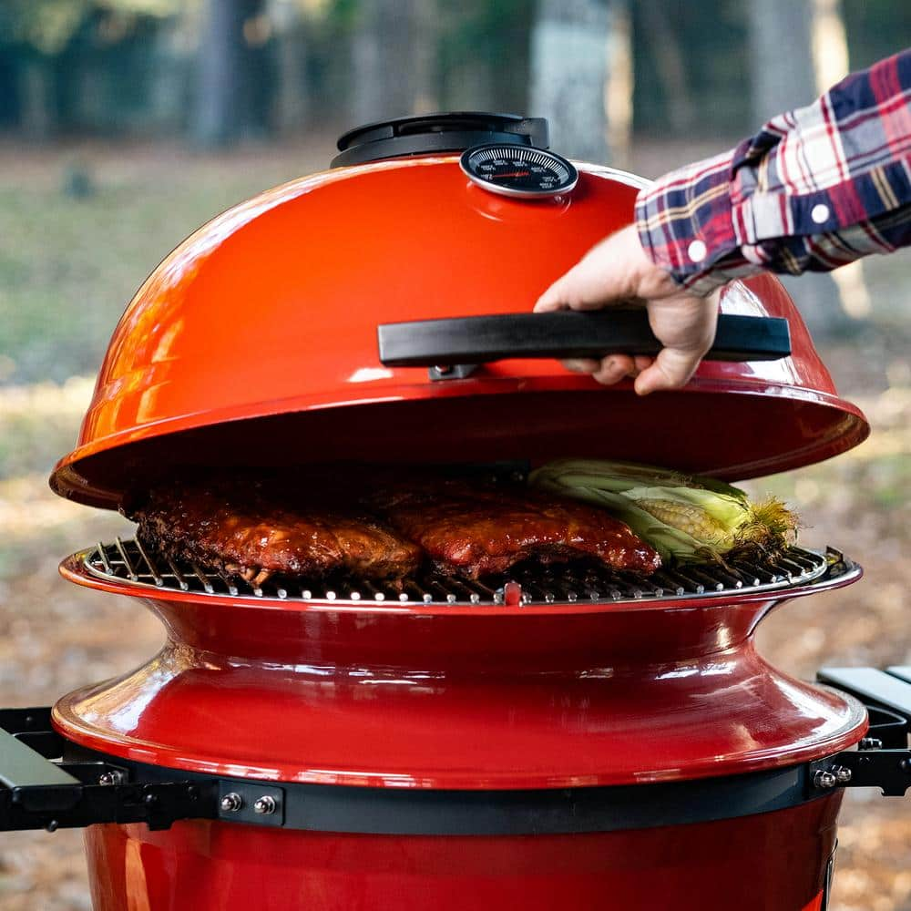 Kamado Joe Kettle Joe 22 in. Charcoal Grill in Red with Hinged Lid, Cart, and Side Shelves KJ15040320