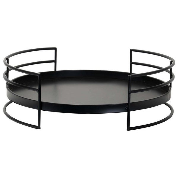 15 Inch Industrial Round Server Tray with Handle， Black Iron Frame - 5 H x 15 W x 15 L Inches