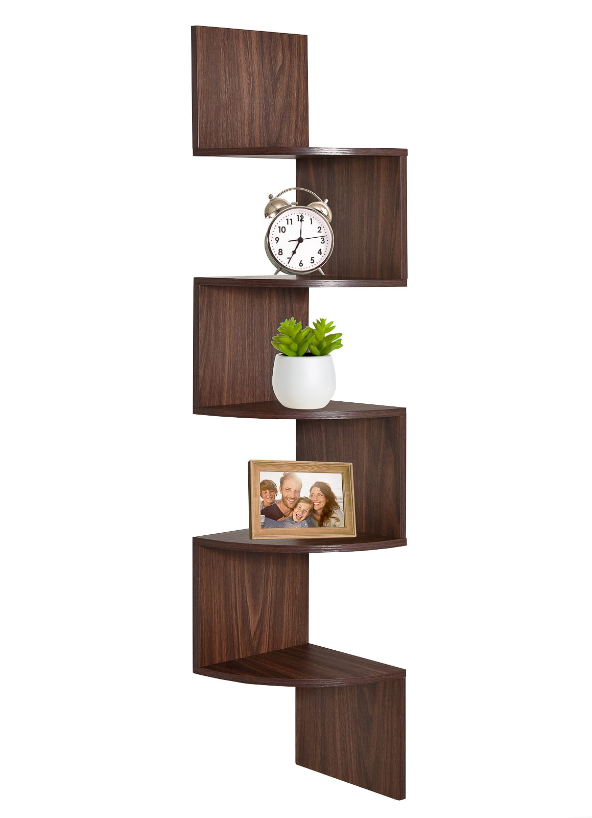 Greenco 5 Tier Wall Mount Floating Corner Shelves | Corner Wall Shelf with a Walnut Finish | 5 Tier