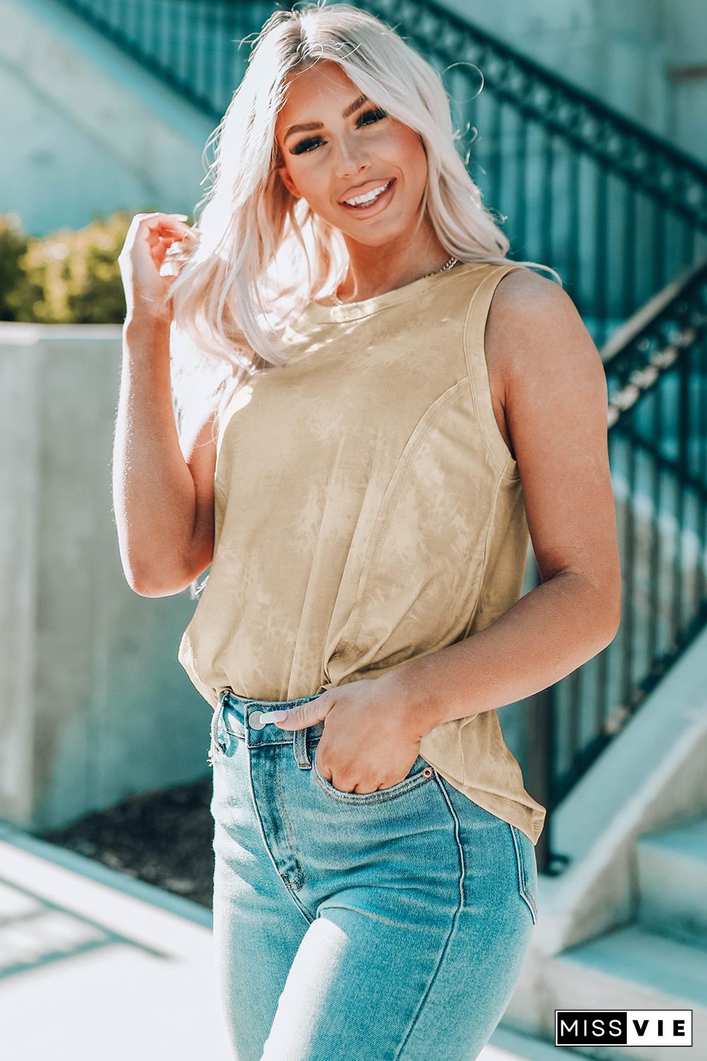 Khaki Tie Dye Print Seamed Crew Neck Tank Top