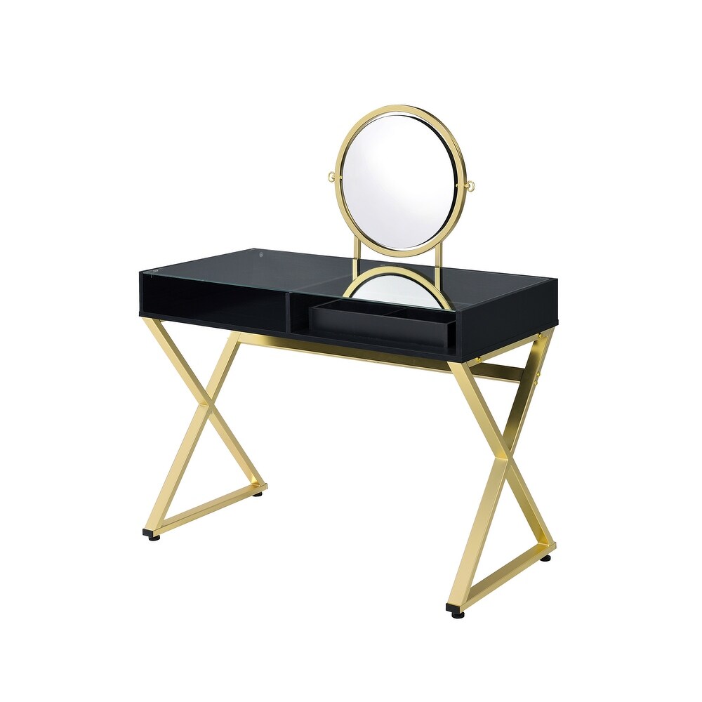 Gold Finish Vanity Desk with Mirror and Jewelry Tray