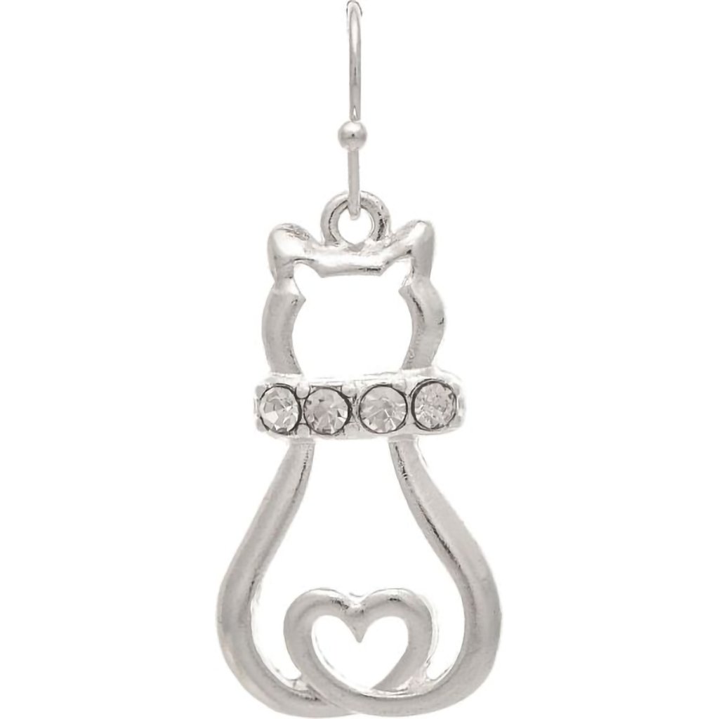 Rain  Silver Crystal Love Kitty Cat Outline Earrings