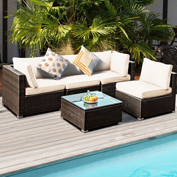 Gymax 5PCS Rattan Patio Conversation Set Sofa Furniture Set w/ White