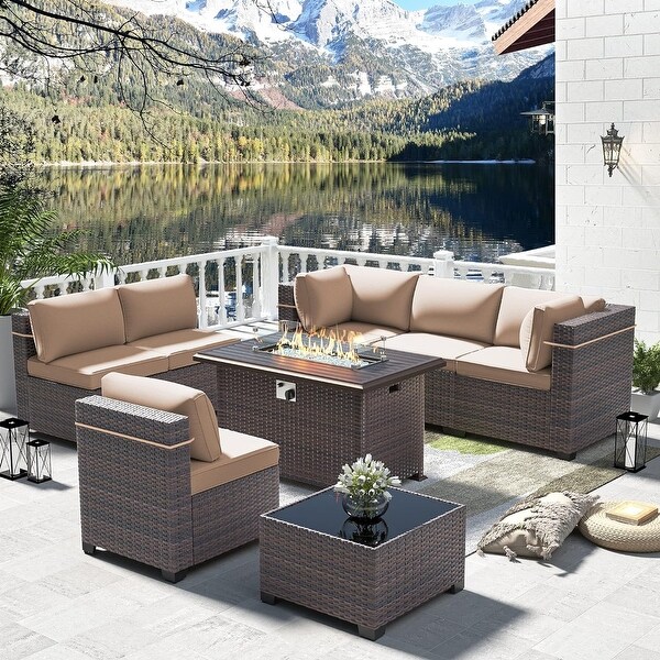 Outdoor Sectional Conversation Sofa Set with Firepit Coffee Table Cushions