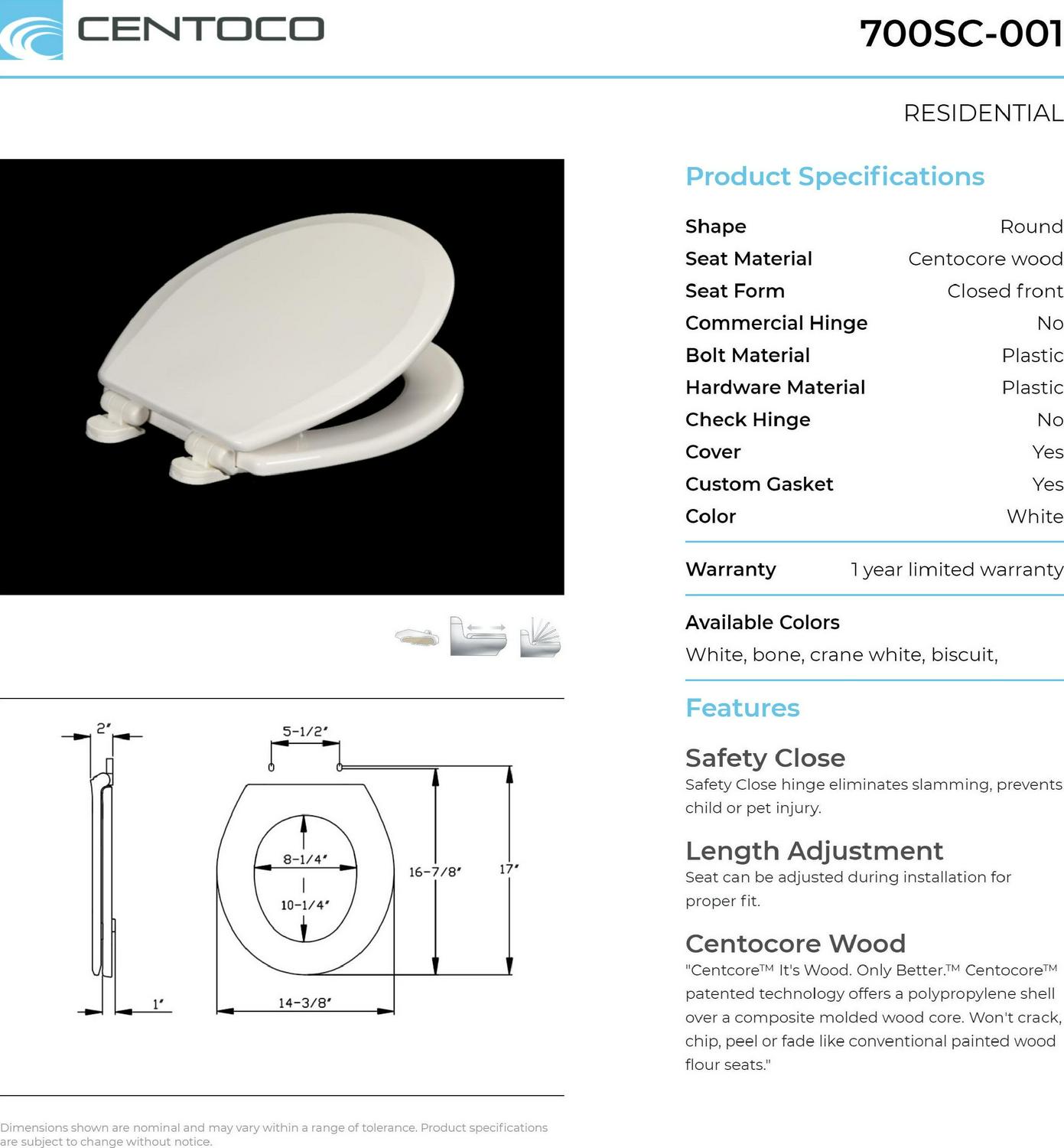 Centoco 700SC-001 Round Molded Wood Toilet Seat Featuring Safety Close， White