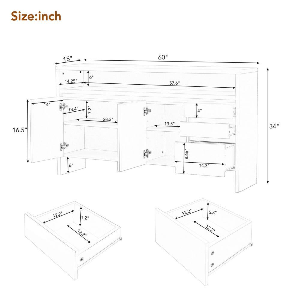 60 in. W x 15 in. D x 34 in. H White MDF Ready to Assemble Comtemporary Kitchen Storage Cabinet with 3 Drawers mnjwyfarmsink5